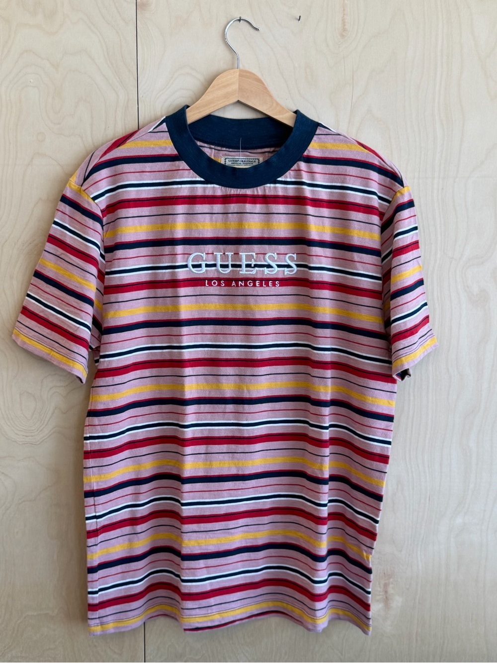 Guess Pink, Red & Navy Striped Logo Tee